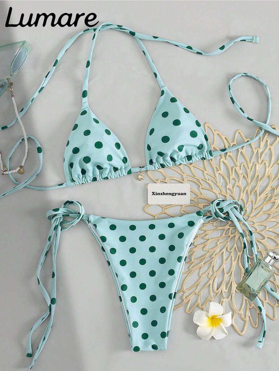 2026 New 2-Piece Women's Tie-Strap Bikini Set, Casual Polka Dot Swimwear With Tie-Side Bottoms, Medium Stretch Fabric Vacation - Multicolor - View 1