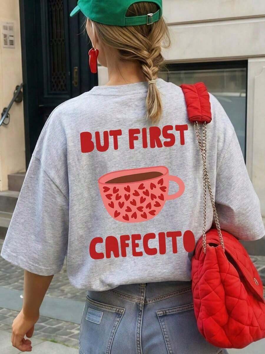 1 Summer Short Sleeve T-Shirt With Round Neck, Pink Heart And Coffee Cup Print, English Letter Print, Casual And Comfortable Loose Fit For Coffee Lovers, Suitable For Street, Daily Wear, Music Festivals, Parties, Holiday Outfit For Women, White Color. - 灰色 - 查看 1