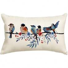 1pc Watercolor Bird & Flower Pattern Rectangular Linen Throw Pillow Cover, Farmhouse Style Decorative Cushion Cover Suitable For Sofa - Multicolor - View 8