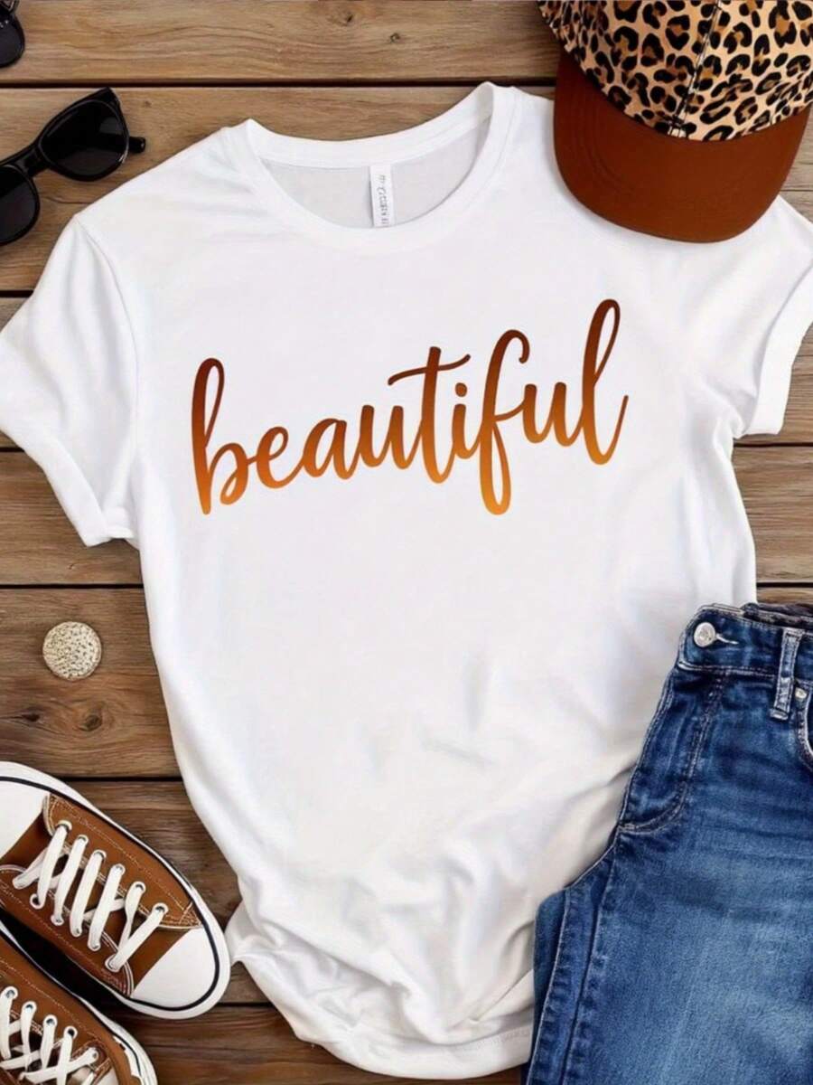 Camiseta de uste relado de gran tamaño blanco con hermosa impresión "hermosa" cursiva - camiseta casual de cuello tulado de manga corta, letras marrones, regalo perfecto para Navidad / Halloween (marrón / naranja-) - tre informal transpirable
