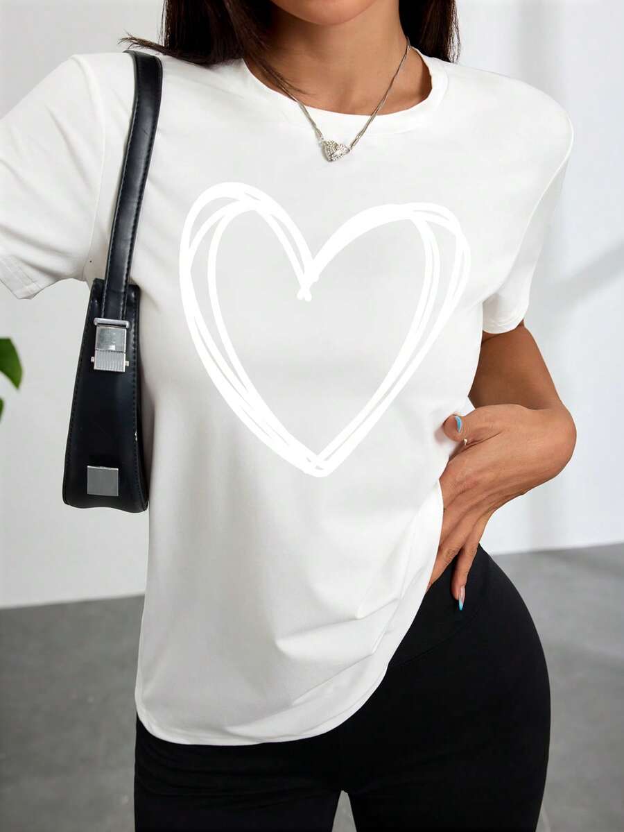 Moda Mujeres Camiseta Blanca Frontal Impresión Corazón Patrón Cómodo Casual Wear para Salidas y Ocio Todos los días
