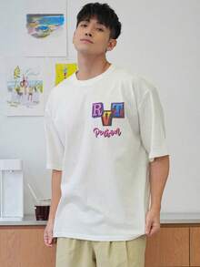 Camiseta de manga corta casual de verano para hombre con estampados de letras, camisetas gráficas - Estilo vintage urbano unisex, camiseta de algodón holgada de manga corta con cuello redondo. - Beis - Ver 4