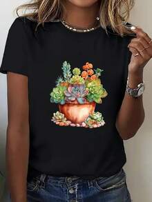 OversizeCamiseta holgada de talla grande para mujer - Camiseta de verano transpirable de manga corta, estampada con diseños de cactus y plantas suculentas, camiseta blanca casual de cuello redondo, un artículo imprescindible para primavera y verano, tela cómoda y suave, material ligero, una opción de ropa moderna y a la moda. - Negro - Ver 6