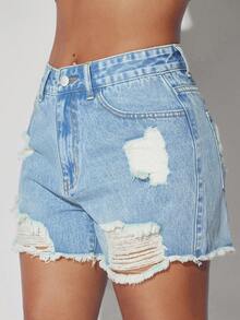 Quần short denim nữ mùa xuân hè, kiểu dáng thường ngày, họa tiết trái tim. - Màu xanh nhạt - Xem 3
