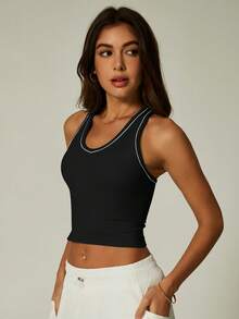 NcmRyu 1 pieza Camiseta deportiva de mujer de cuello redondo, ajustada y corta, con contraste de color, de espalda de tirantes, suave y cómoda - Negro - Ver 5