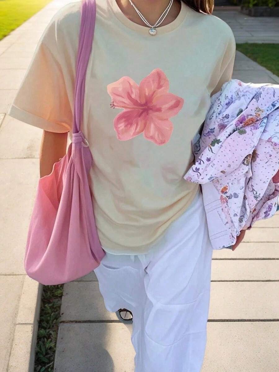 camiseta de mujer de cuello redondo con estampado floral, de moda casual, suave y versátil para primavera/verano, color rosaPure Cotton Short-Sleeve Shirt - Albaricoque - Ver 1