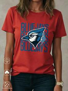 Women's Crew Neck T-Shirt, 100% Lightweight Cotton, With A Blue Jays Graphic Print, Suitable For Casual Everyday Wear, Holidays, Birthdays, And More. Ideal For Summer, Made Of Pure Cotton. - 紅色 - 查看 1