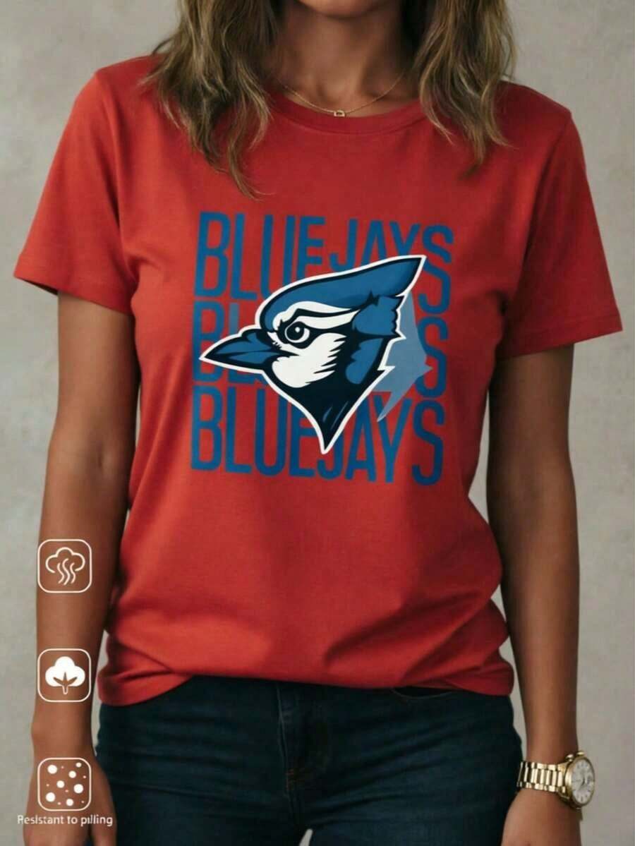 Women's Crew Neck T-Shirt, 100% Lightweight Cotton, With A Blue Jays Graphic Print, Suitable For Casual Everyday Wear, Holidays, Birthdays, And More. Ideal For Summer, Made Of Pure Cotton. - 紅色 - 查看 1