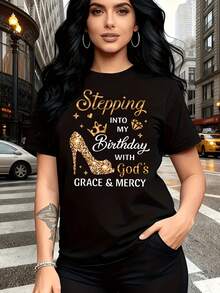 Women's Short-Sleeved Cotton T-Shirt With Birthday High Heel Print, Casual Short-Sleeved Round Neck Top For Spring And Summer, Women's Clothing. - 黑色 - 查看 4