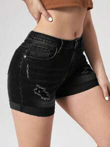 Shorts en mezclilla desgarro bajo de doblez - Negro - Ver 5