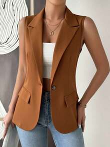 Blazer sin mangas de estilo elegante de color verde oliva para mujer, chaleco casual con solapa y botón en tela tejida lisa, corte regular - Café integral - Ver 3