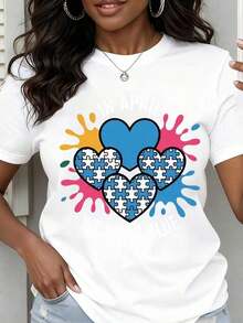 Camiseta de Cuello Redondo para Mujer con Estampado de Corazones de Concientización sobre el Autismo y Salpicaduras Coloridas, Manga Corta para Uso Casual y Eventos de Apoyo - Blanco - Ver 7
