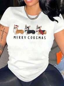Camiseta de Mujer con Cuello Redondo y Estampado Navideño de Corgi, Feliz Navidad Corgmas, Top Casual para las Fiestas. Camiseta cómoda y versátil de manga corta. - Blanco - Ver 1