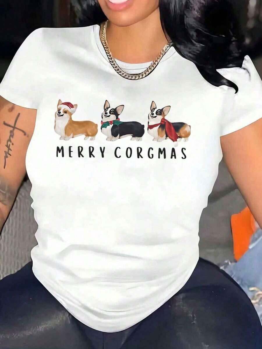 Camiseta de Mujer con Cuello Redondo y Estampado Navideño de Corgi, Feliz Navidad Corgmas, Top Casual para las Fiestas. Camiseta cómoda y versátil de manga corta. - Blanco - Ver 1