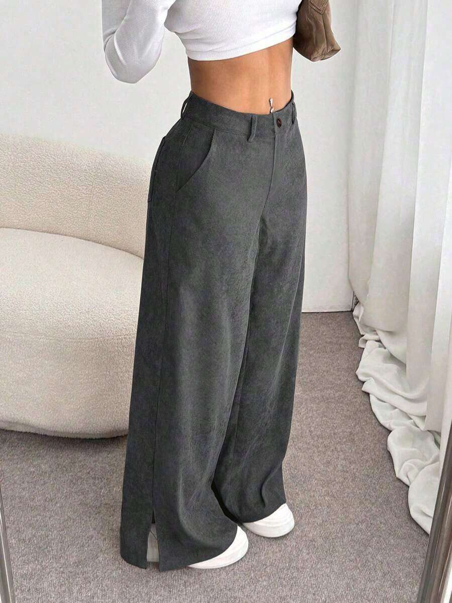 Unity Pantalones largos rectos y sueltos de mujer con abertura lateral, de tela de pana, para otoño/invierno - Gris Oscuro - Ver 1