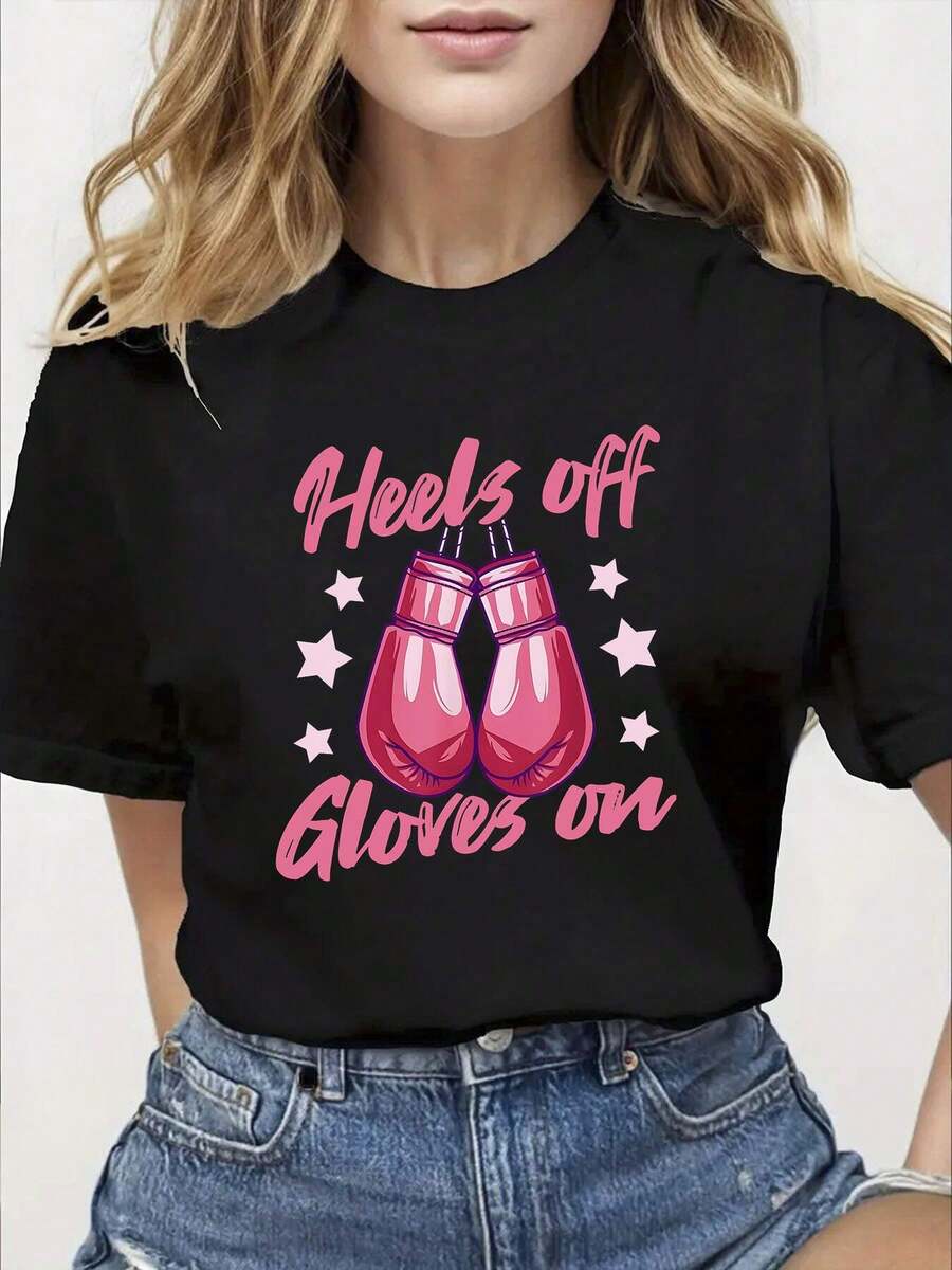 Camiseta 100% algodón, 1 pieza de ropa de invierno para mujer para el Día Internacional de la Mujer, camiseta de mujer con estampado "Quítate los tacones, ponte los guantes", DMI, estilo casual, cuello redondo, manga corta, top de moda casual, ropa elegante para fiestas, ropa de Navidad, Día Internacional de la Mujer, regalo de San Valentín, ropa de Año Nuevo, ropa de otoño, camiseta. - Negro - Ver 1