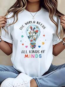 1 Piece Of White Women's T-Shirt With Floral And Light Bulb Print, Round Neck, Casual Cotton T-Shirt, Medium Elasticity Knit Fabric, Regular Fit For Ladies, For Spring/Summer/Autumn, 180g, 100% Soft Cotton. - 白色 - 查看 6
