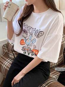 Women's Cartoon Graphic Print Short Sleeve T-Shirt, Plus Size Summer T-Shirt, Vintage Teacher Style, Unisex Street Style, Loose Fit Cotton Short Sleeve Round Neck T-Shirt, Women's Blouses, Women's T-Shirts, Casual Blouses For Ladies. - 白色 - 查看 3