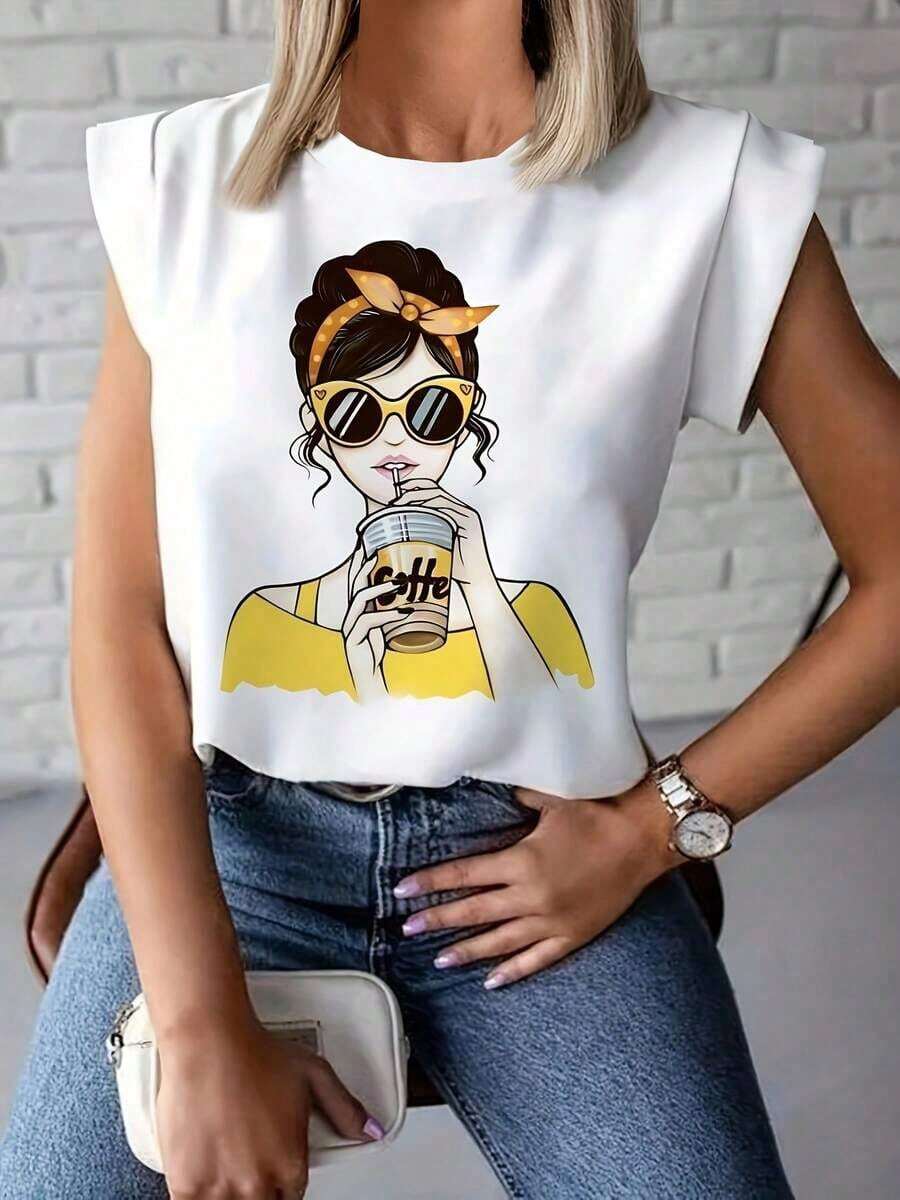 Camiseta de Mujer con Estampado de Retrato a la Moda - Top Casual de Manga Corta con Cuello Redondo, Tela Elástica, Lavable a Máquina - Perfecta para Primavera/Verano, Camiseta de Cuello Redondo Y2k Camiseta Camisa De - Blanco - Ver 1