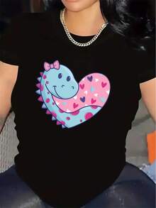 Women's Short-Sleeved T-Shirt With An Adorable Dinosaur Heart Design, Made Of Lightweight Fabric For Comfort, Suitable For Casual Outings At Home Or For Dinner, Soft Yet Durable, Available In Pink And Blue Color Combinations, Fun Cartoon Design. - màu đen - Xem 7