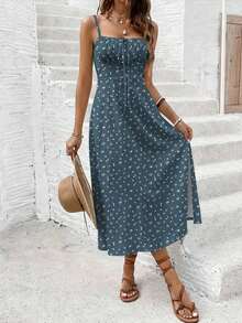 Vestido casual de media longitud con abertura alta y estampado floral ditsy para vacaciones de mujer, ropa de verano para mujer, conjunto de vacaciones para mujer - Azul - Ver 4