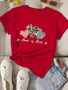 GiftGift Women's Casual Short Sleeve T-Shirt - Leopard And Cherry Print, Black With Shiny Gold Details, Medium Stretch, Machine Washable, All Year Comfortable, Crew Neck, 100% Cotton, Soft Fabric, Breathable And Cool Short Sleeves - 紅色的 - 查看 6