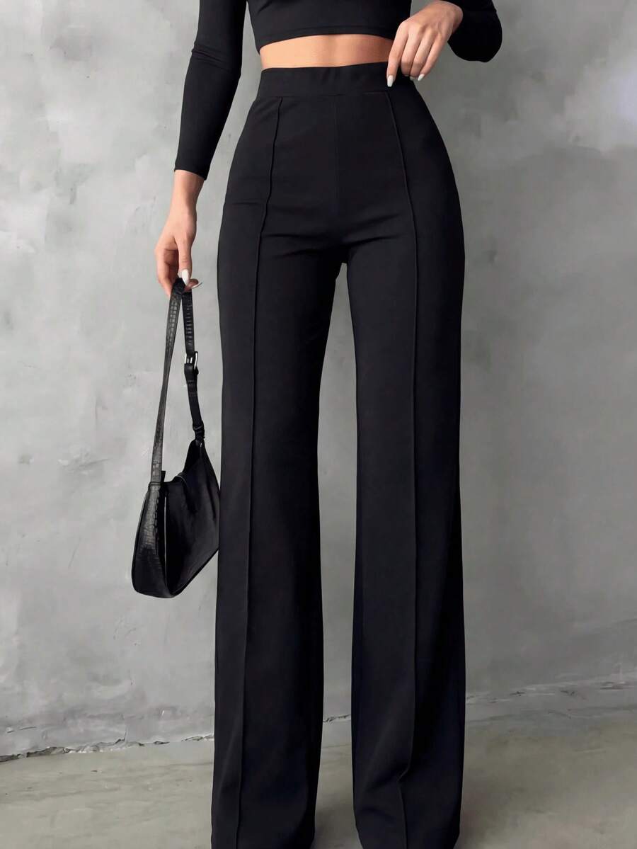 Pantalones elegantes de cintura alta y ajuste delgado, minimalistas para oficina, ropa de mujer, prendas inferiores negras para primavera - Negro - Ver 1