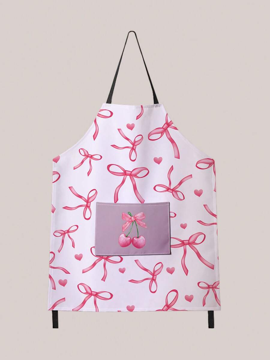 1pc Pocket Apron With Bow & Cherry Pattern, Waterproof & Oil-Resistant, Suitable For Kitchen, Household, Cooking, Catering Use - Multicolor - View 1