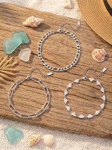Elegante set de tobilleras de varios estilos en color acero, joyería minimalista para el pie en vacaciones de playa - Plateado - Ver 3