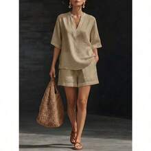 (Free Shipping)2026 Spring/Summer Women's Solid Color V-Neck Linen-Cotton Casual Top And Shorts Two-Piece Set - Blue - View 8