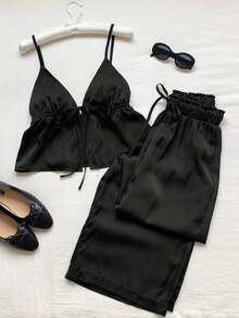 2 piezas Conjunto casual de vacaciones con rayas tejidas amarillas para mujer, /verano - Negro - Ver 3
