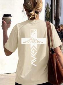 Women's Round Neck Printed Short Sleeve T-Shirt, Casual Loose Fit, Super Soft & Comfortable Fabric, Ins Street Fashion Style, Classic All-match Graphic Tee, Breathable Lightweight Daily Basic Top, Perfect for Daily Wear, Casual Vacation, Office Commute, Outdoor Going Out, Weekend Gathering, Shopping and Leisure Activities, Ladies Trendy Oversized Casual Pullover T-Shirt - Albaricoque - Ver 1