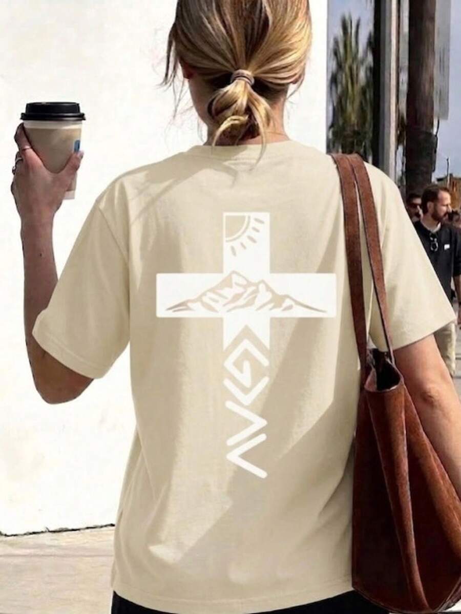 Women's Round Neck Printed Short Sleeve T-Shirt, Casual Loose Fit, Super Soft & Comfortable Fabric, Ins Street Fashion Style, Classic All-match Graphic Tee, Breathable Lightweight Daily Basic Top, Perfect for Daily Wear, Casual Vacation, Office Commute, Outdoor Going Out, Weekend Gathering, Shopping and Leisure Activities, Ladies Trendy Oversized Casual Pullover T-Shirt - Albaricoque - Ver 1