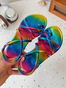 Giày sandal đế bằng quai ngang ánh kim cho trẻ em, quai ngang co giãn, hở mũi, giày casual mùa hè. - Nhiều màu - Xem 2
