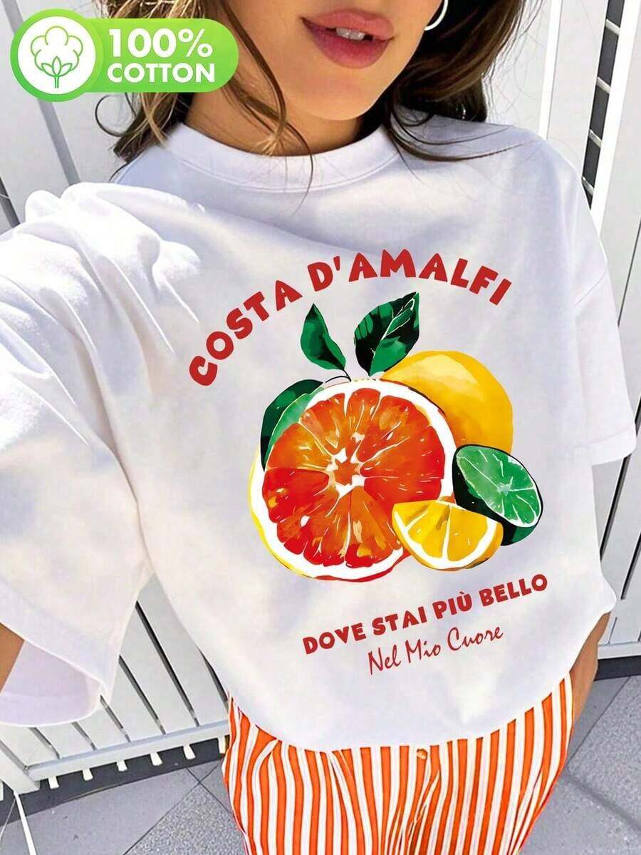 ropa de mujer Camiseta de verano con estampado de mandarina, Camiseta de regalo para amantes de la comida, Bonito regalo para ella, Blusa de frutas a la moda para mujer, Camiseta bordada con estilo veraniego para damas, camisas de mujer - Blanco - Ver 1