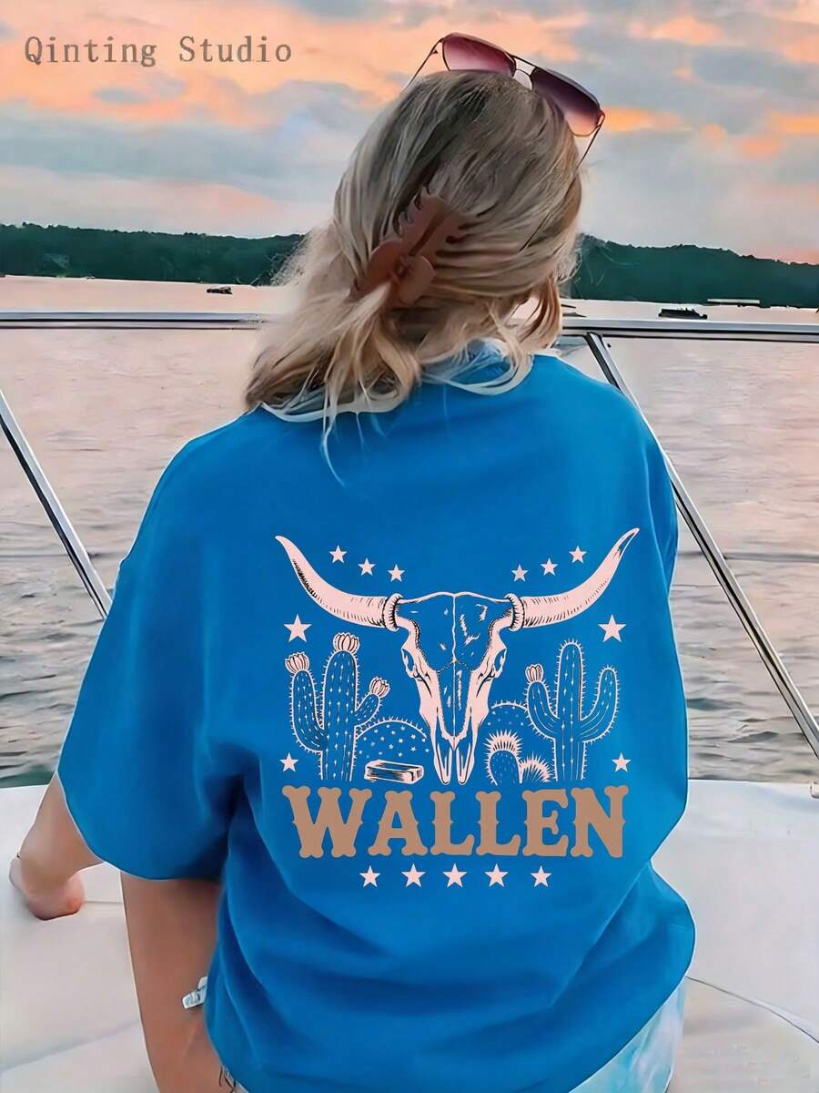 Women's Casual Crew Neck T-Shirt, 1 Piece, Ultra Soft And Breathable, With A Bohemian Design Featuring Cow Heads, Cacti And Other Patterns, Labeled "WALLEN", Perfect For Beach Surf Vacations And For Casual Spring/Summer Wear. - 藍色 - 查看 1
