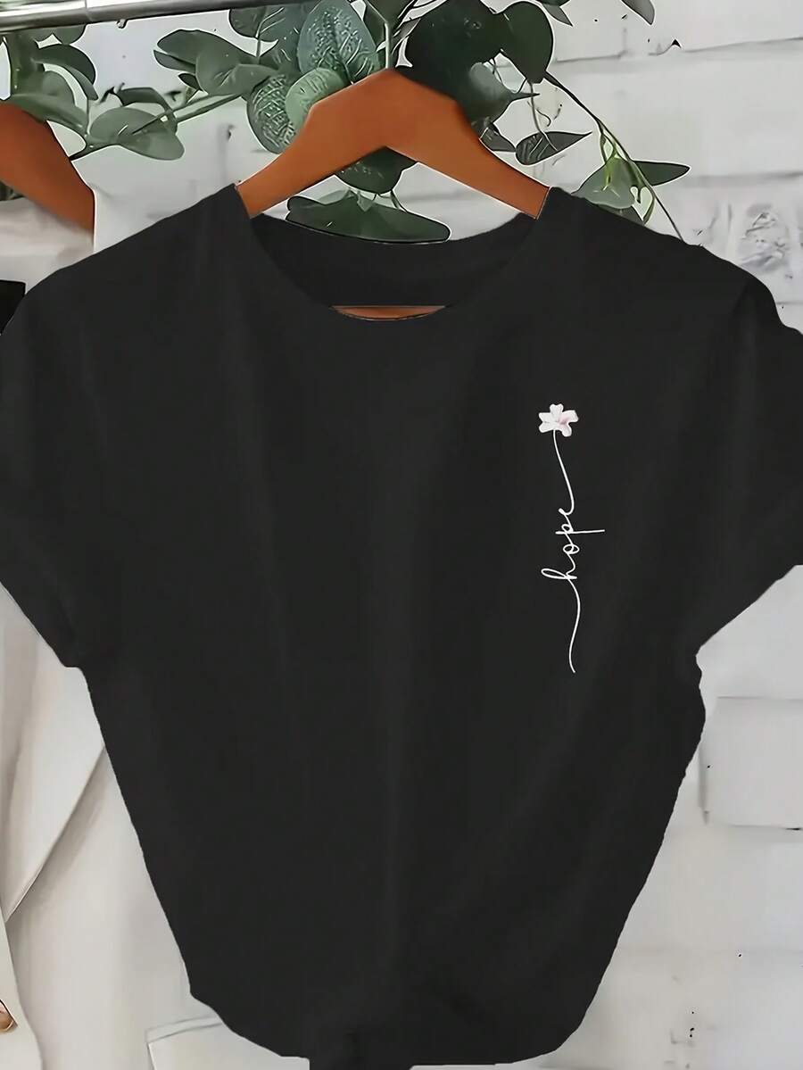 Camiseta de Moda para Mujer con Cuello Redondo - Estilo Vintage Urbano Unisex, Holgada, de Algodón, Manga Corta - Negro - Ver 1