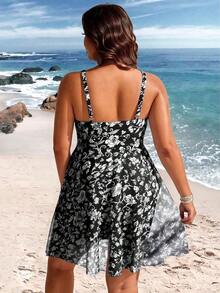 Traje de baño de una pieza con estampado retro y tirantes de malla de contraste para mujer de talla grande - Negro - Ver 2