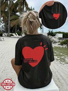 Camisetas Gráficas 2026 con Estampado de Doble Cara para Mujer, Primavera/Verano, Estilo Casual, Estilo Minimalista, Estampado de Corazón y Texto "L'AMOUR EST DÉCLARÉ", Cuello Redondo, Manga Corta, Corte Holgado, Camiseta Oversize, 100% Algodón ChuK - Negro - Ver 1