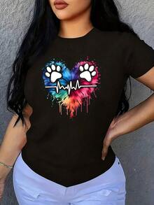 Camiseta de Talla Grande para Mujer con Estampado Geométrico de Pata y Corazón, Manga Corta, Poliéster, Cuello Redondo, Ropa Casual, 220g - Negro - Ver 6