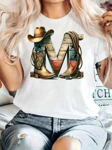 New Women's Casual Summer T-Shirt With Western Graphic Print Of Cowboy Boots And Hat, Soft And Stretchy Fabric Design, Round Neck, Short Sleeve, For Spring Summer, Machine Washable, Western T-Shirts, Spring Summer Clothes, Non-See-Through Material - Vintage Urban Style, Unisex, Loose Fit Cotton Short Sleeve T-Shirt With Round Neck. - 白色 - 查看 6