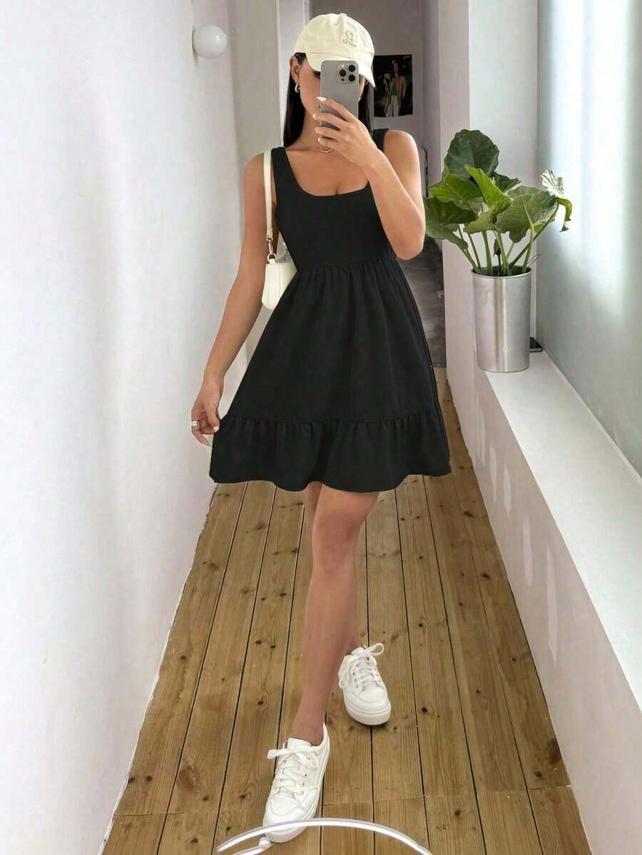 Vestido casual de mujer de unicolor con volantes en el bajo, para verano - Negro - Ver 1