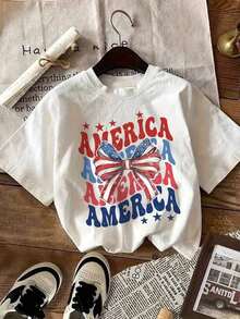 Camiseta de manga corta con cuello redondo y estampado gráfico de la marca  Patriotic Bow Design para mujer - Blanco - Ver 4