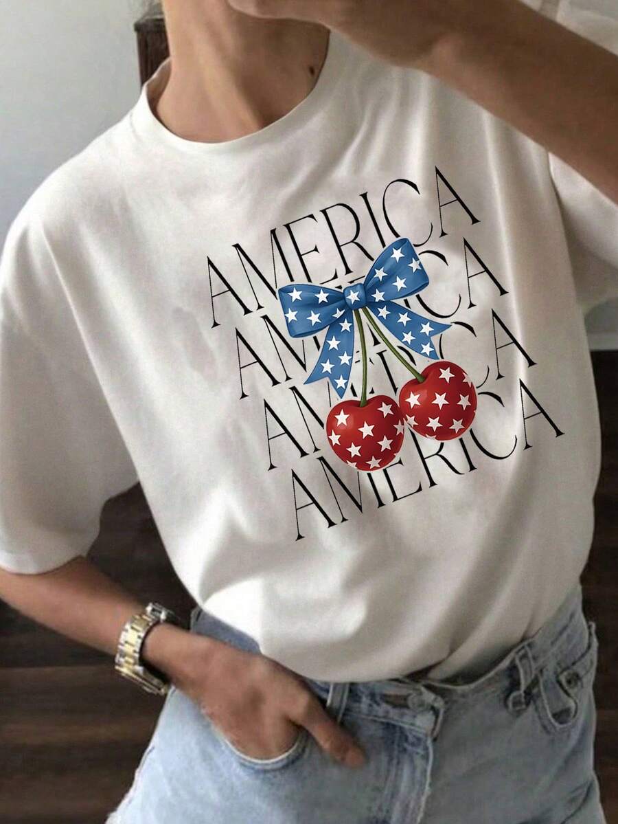 Camiseta blanca oversize para mujer con estampado "Fruit Of The Spirit" y cerezas, estilo veraniego y bohemio Playera de manga corta blanca con diseño gráfico de cerezas rojas en espalda, ideal para looks frescos y femeninos - YH561-Blanco - Ver 1