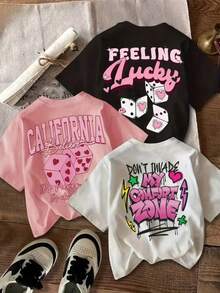 New Women's Fashion T-Shirt, With Graffiti Style Dice Print And California Lettering, Round Neck, Plus Size, Pure Cotton For Summer, Loose And Flattering, Local Delivery, Fashionable Casual Top, Casual Style, Round Neck, Slightly Stretchy. - 白色 - 查看 8