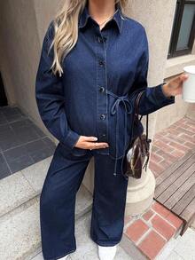 Conjunto de dos piezas de top de manga larga de unicolor simple y jeans para maternidad, uso casual diario para primavera, Navidad, Año Nuevo, Acción de Gracias, ir a trabajar, vacaciones, graduación, estilo chic Y2K, ropa de calle linda, fiesta, boda, elegante y casual para mujer - Azul - Ver 5
