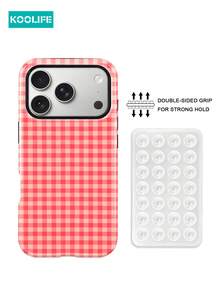 Koolife 两件套：1 个粉白格纹二合一手机壳 + 1 个透明双面吸盘，PC+TPU 材质，亮面硬壳，防震保护套，兼容 Apple 17/17pro/17promax/17Air/16/15/14/13/12/11/7/8/7plus/8plus/XR/X/XS/XS Max - 粉紅白格紋 - 查看 2