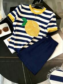 Conjunto informal de 2 piezas con estampado de limón y rayas, adecuado para uso diario - Multicolor 5 - Ver 1