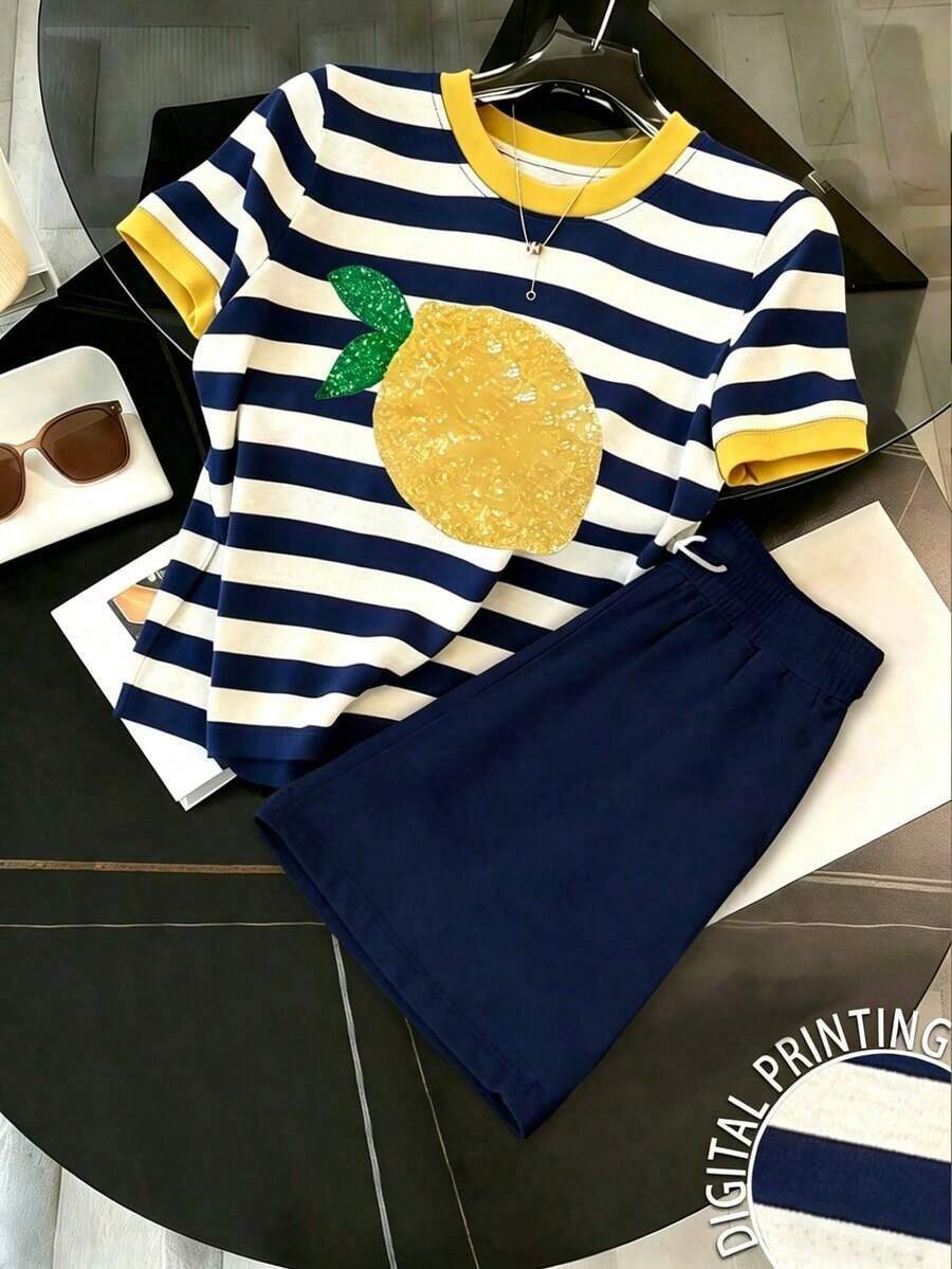Conjunto informal de 2 piezas con estampado de limón y rayas, adecuado para uso diario - Multicolor 5 - Ver 1