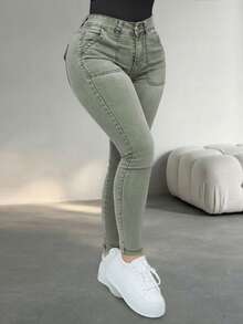 Women's Casual Slim Fit Jeans, Medium Stretch Fabric, Long Length, With Button Zipper Pockets, Suitable For Autumn Wear Fall - Green - View 8